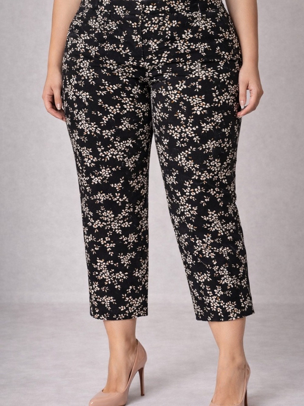 Talbots Black Ankle Pants with Cream Floral Print